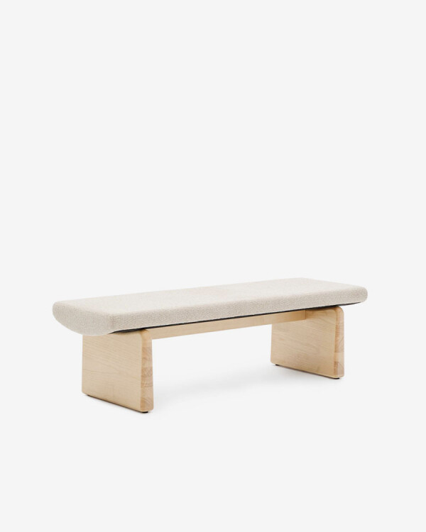 Banco Topaz de chenilla beige y madera maciza de fresno con acabado natural 150cm FSC 100%