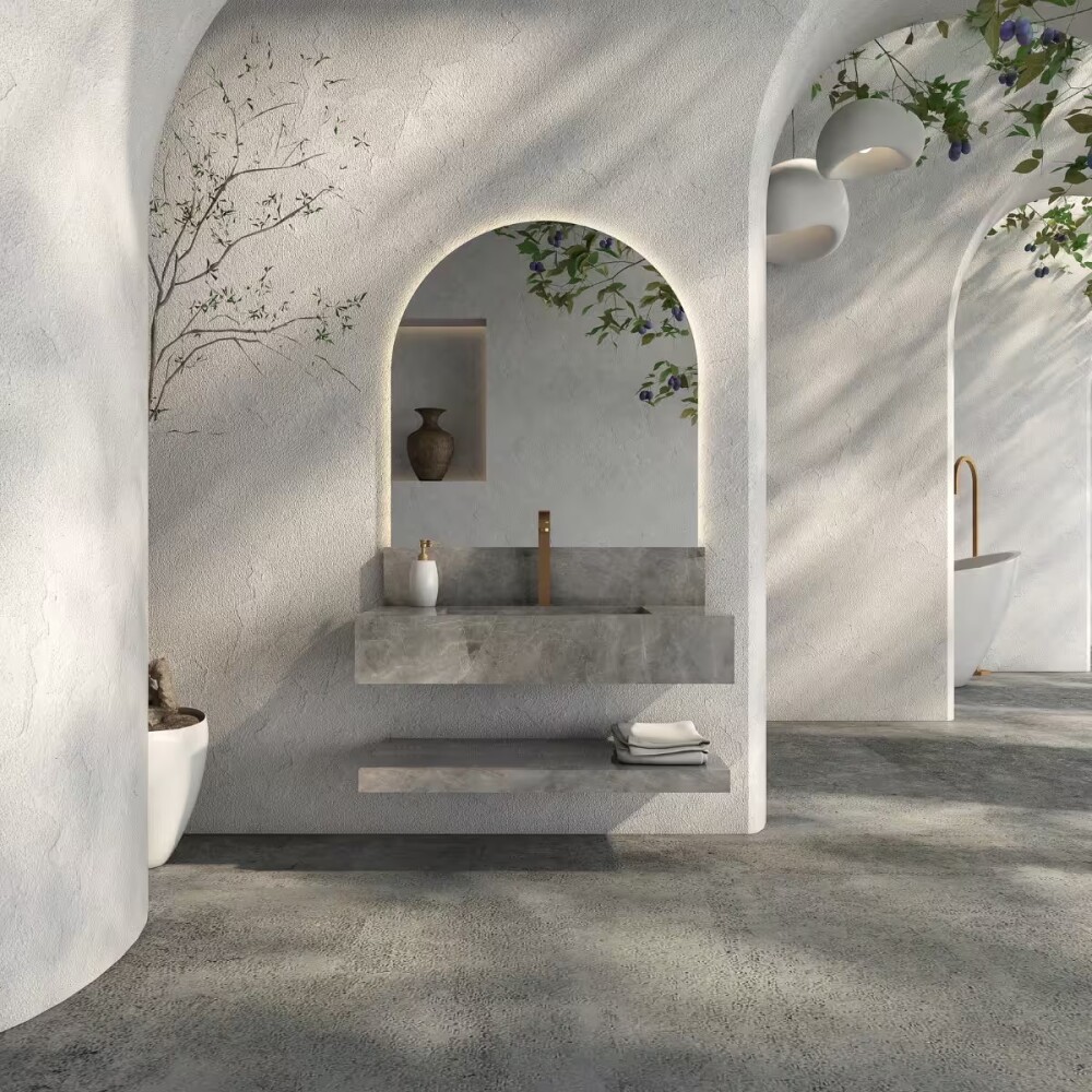 Mueble de baño suspendido de porcelanato gris Milano 84 cm con bacha incorporada Mueble De Baño Suspendido De Porcelanato Gris Milano 84 Cm Con Bacha Incorporada