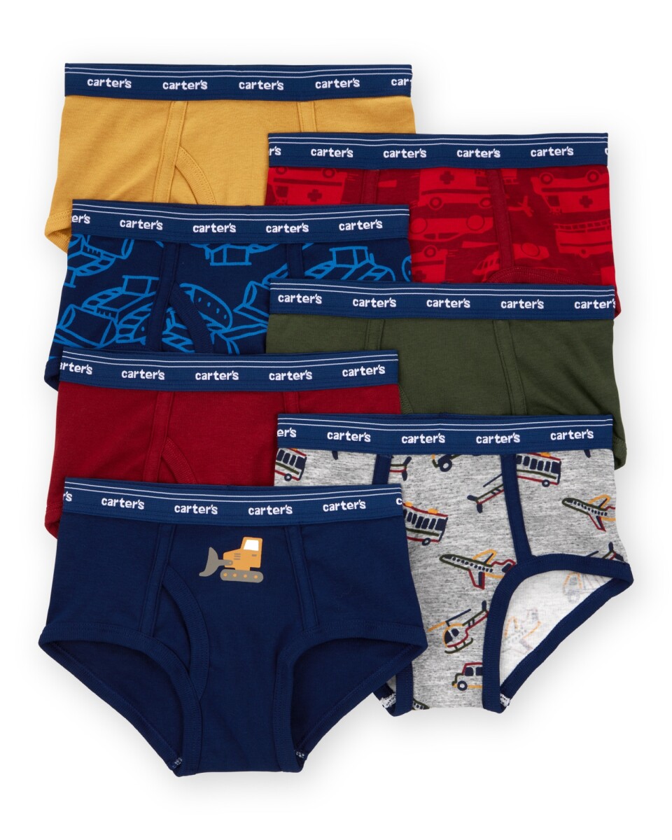 Pack siete calzoncillos slip de algodón, diseño vehículos 