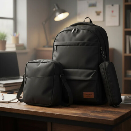 Set Mochila Bolso Cartuchera Alumno Resistente 3 Piezas Negro