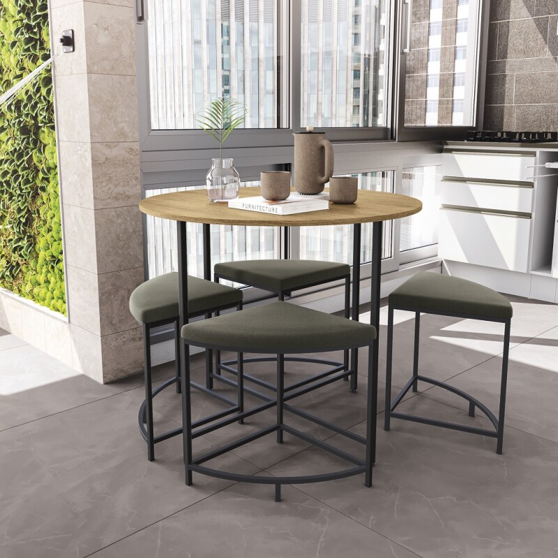 Mesa redonda 90 cms diámetro con 4 bancos Miel y Negro Mesa redonda 90 cms diámetro con 4 bancos Miel y Negro