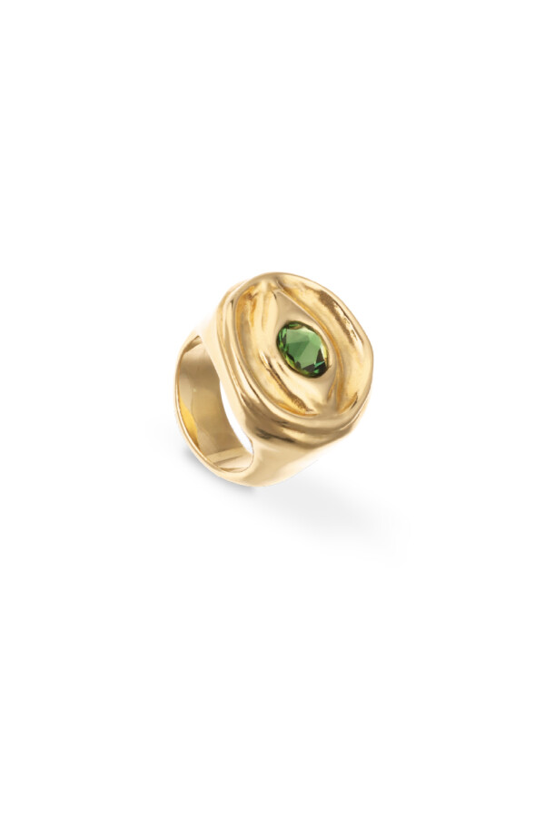 ANILLO TIPO SELLO EN ALEACIÓN DE METALES BAÑADO EN ORO 18K EN FORMA DE OJO CON CRISTAL FACETADO VERDE Anillo