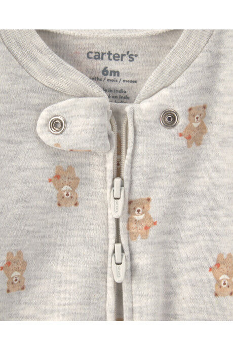 Pijama una pieza de algodón, con pie, gris, diseño ositos Pijama una pieza de algodón, con pie, gris, diseño ositos
