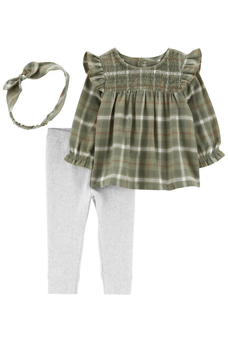 Set tres piezas pantalón y camisa de franela con volados y fruncido de algodón y vincha 0