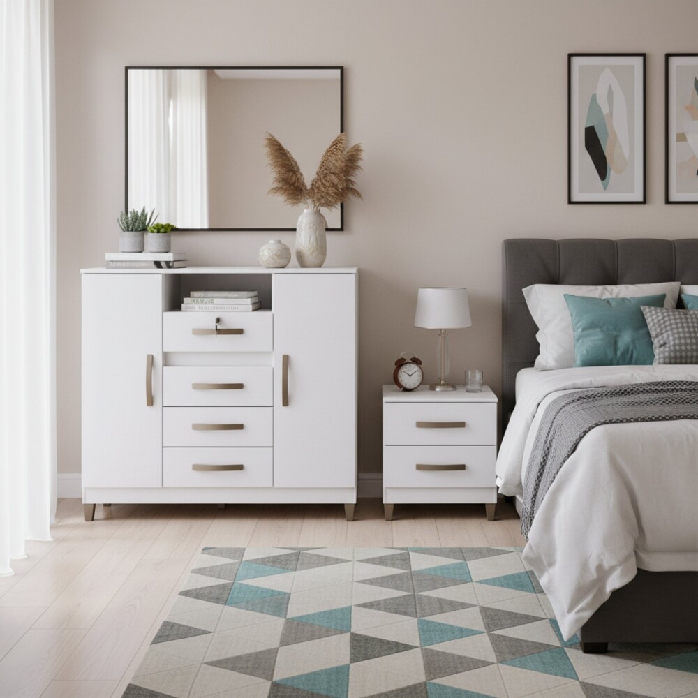 CÓMODA CAJONERA GUARDARROPA 4 CAJONES 2 PUERTAS CON LLAVE BLANCO