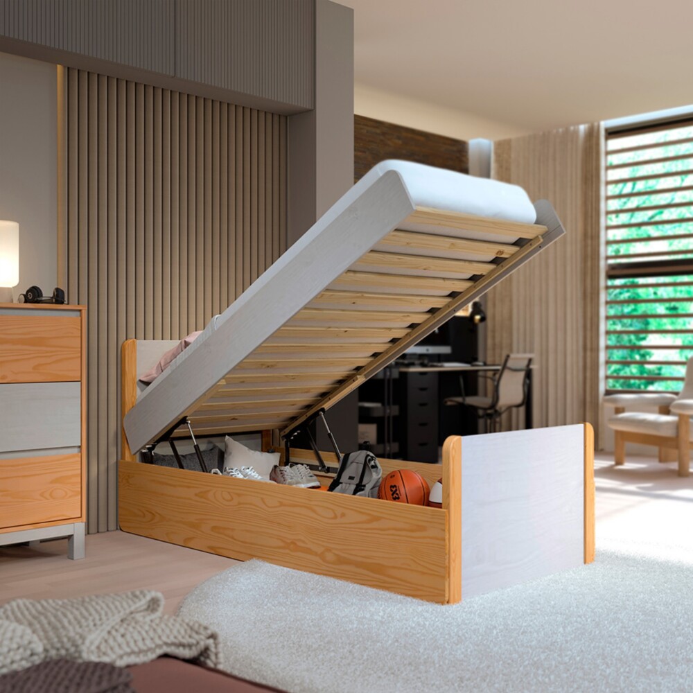Cama 1 plaza - Madera Maciza con baúl - Flow Square Cama 1 plaza - Madera Maciza con baúl - Flow Square