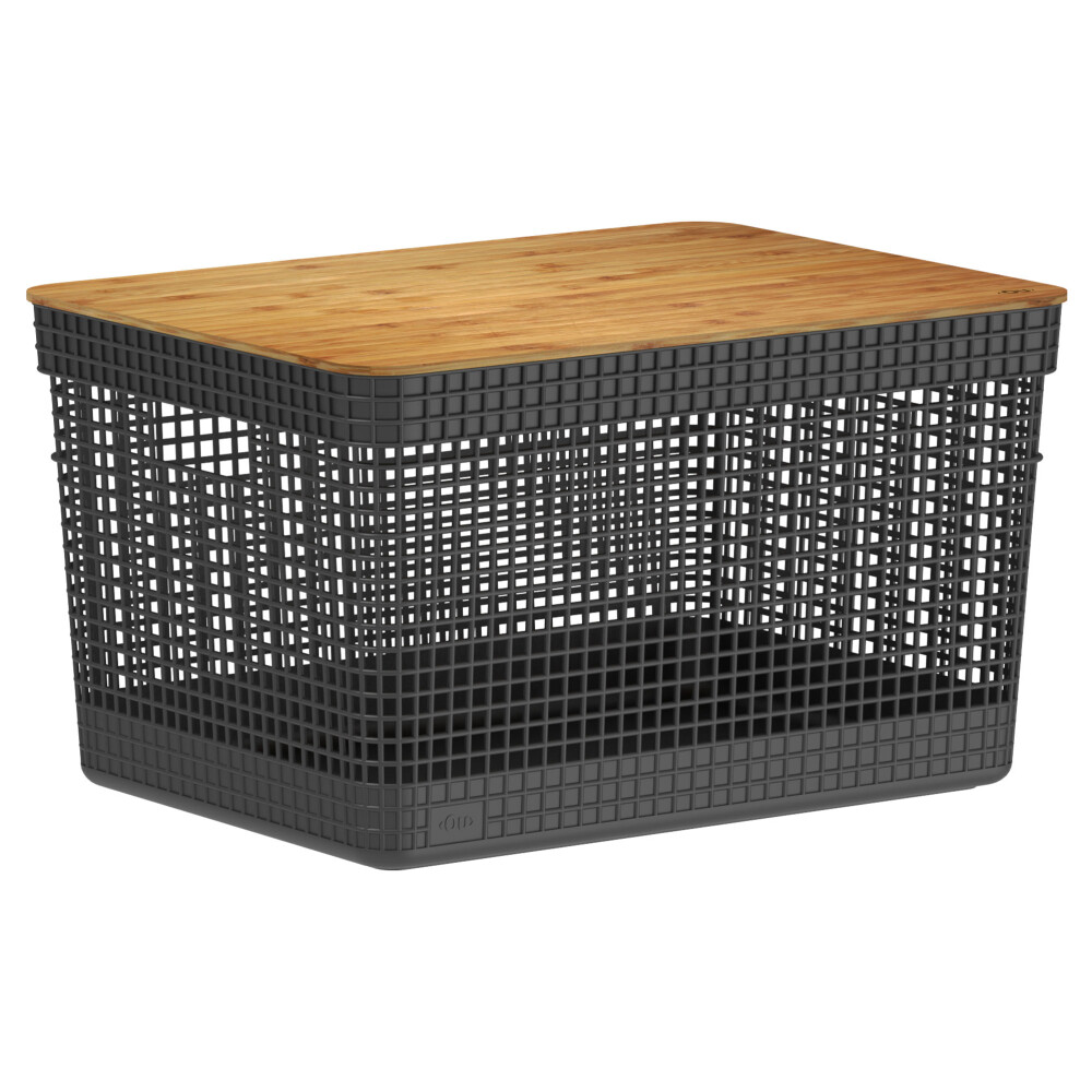 CESTA C/TAPA BAMBÚ PLASTICO-RECICLADO NEGRO GRID 20L