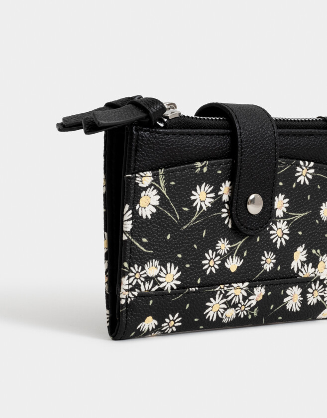 Billetera Estampados Billetera Cuerina Margaritas - Negro