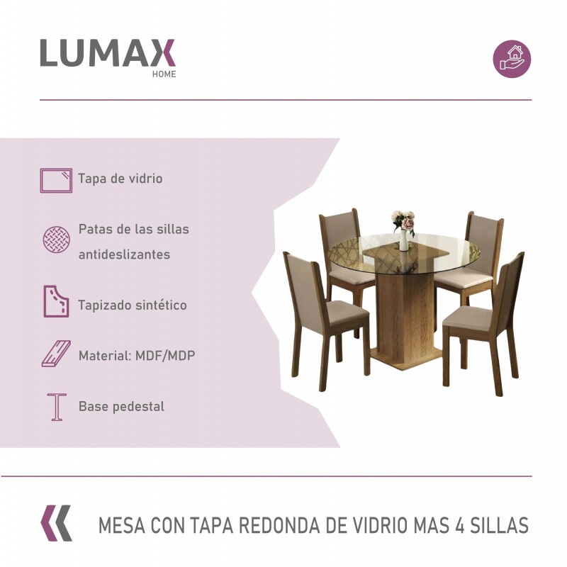 Juego de comedor con mesa redonda de vidrio y 4 sillas rústicas Beige