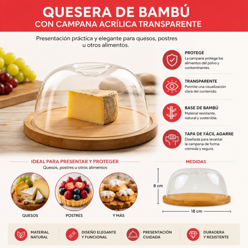 Quesera bamboo D18 x 8 cm c/acrilico MADERA
