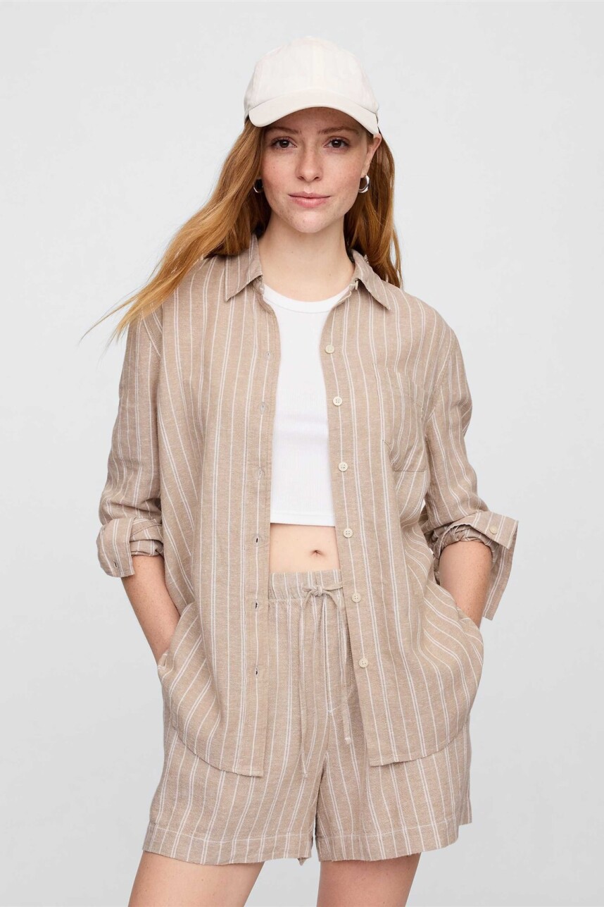 Camisa De Lino Brannan Mujer Khaki Stripe