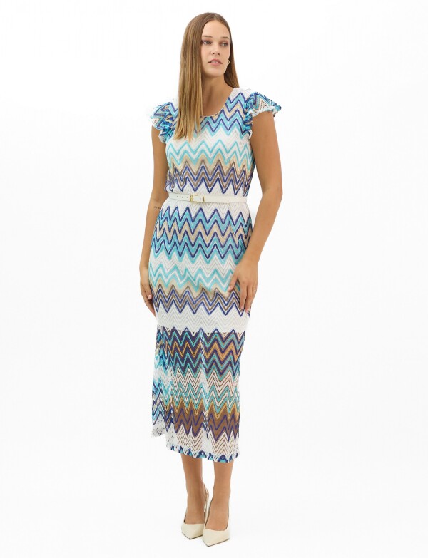 Vestido Midi Calado Con Estampado Zigzag MULTI/AZUL