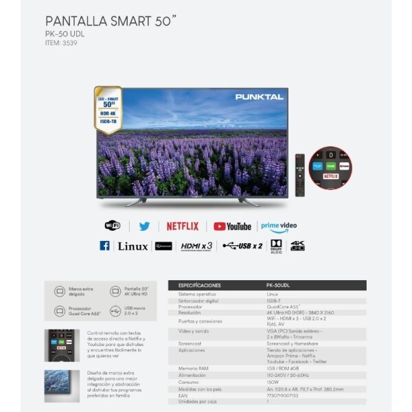 LED 50" SMART TV 4K PUNKTAL - PK-50UDL LED 50" SMART TV 4K PUNKTAL - PK-50UDL