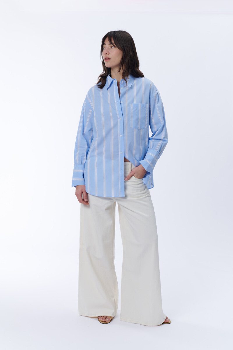 Camisa manga larga con bolsillos rayas Finas Celeste Y Crudo