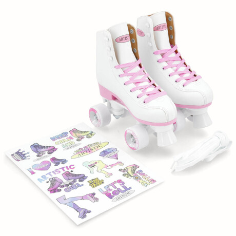 Patín Artístico Bota Dura C/Base Rosada + Regalos Blanco