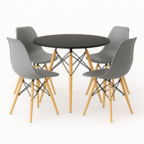 Juego de comedor Con Mesa Circular de 80cm + 4 Sillas Eames Gris/Negro