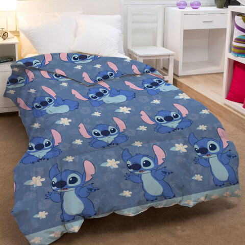Acolchado Infantil Stitch 1 Plaza 100% Microfibra AZUL PIEDRA