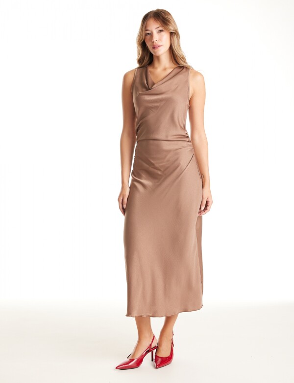 Vestido Escote Drapeado & Frunce Lateral TOSTADO