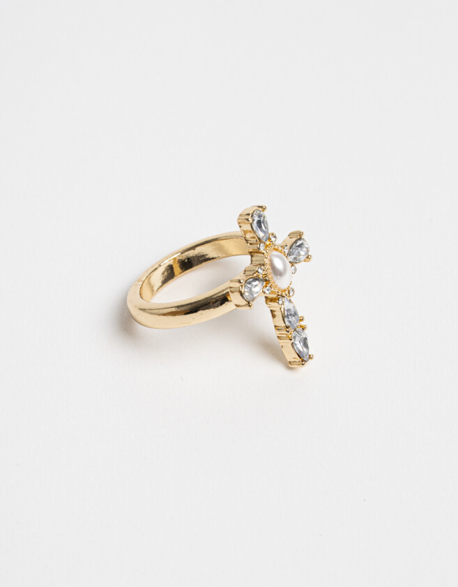 Anillos Medianos y Grandes Religioso Anillo Cruz Con Perla - Dorado