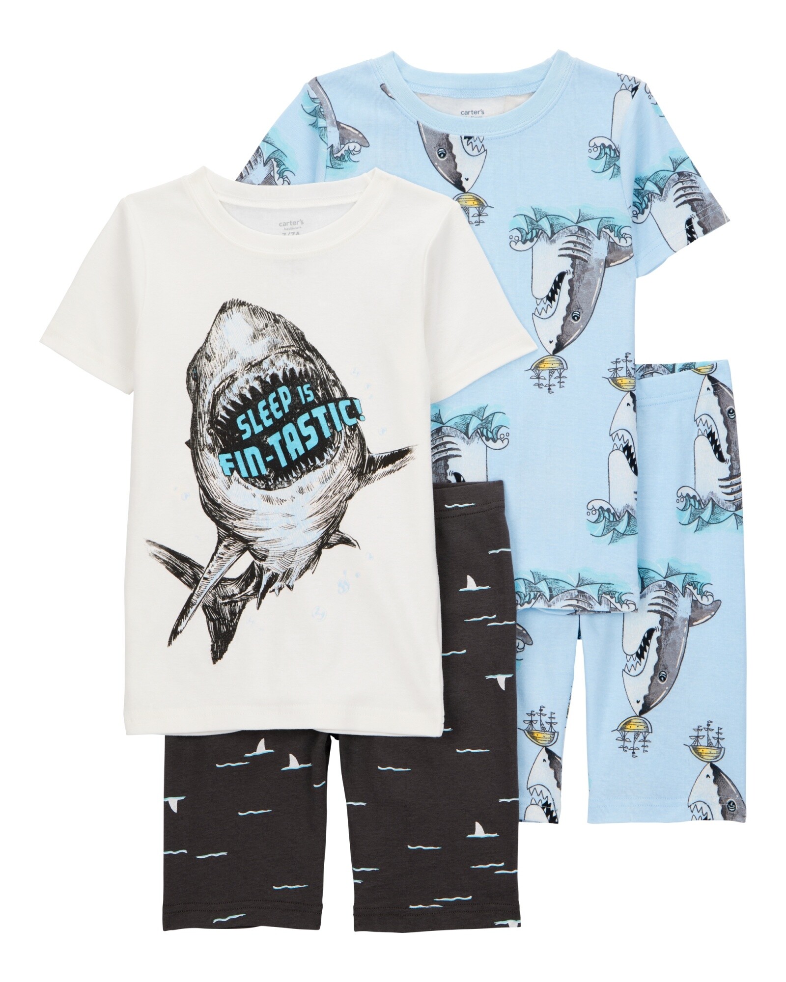 Pijama cuatro piezas de algodón, dos pantalones y dos remeras, diseño tiburones Sin color