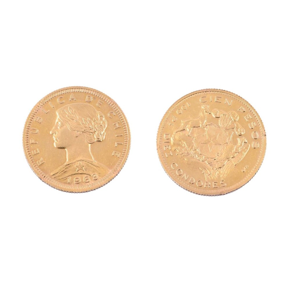 Moneda de oro República de Chile 100 pesos año 1963. Moneda de oro República de Chile 100 pesos año 1963.