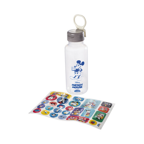 Botella Plática Abre Fácil Mickey 600 ml con Adhesivos TRANSPARENTE