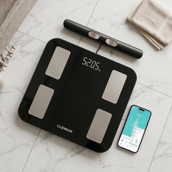 Balanza Digital Bluetooth Baño Bioimpedancia Masa Corporal 8 electrodos CLEMUR Color Negro Balanza Digital Bluetooth Baño Bioimpedancia Masa Corporal 8 electrodos CLEMUR Color Negro