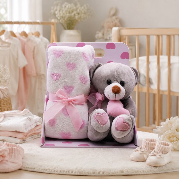 Oso De Peluche Con Manta Corazones 76x91 Cm Para Bebé Rosa 1