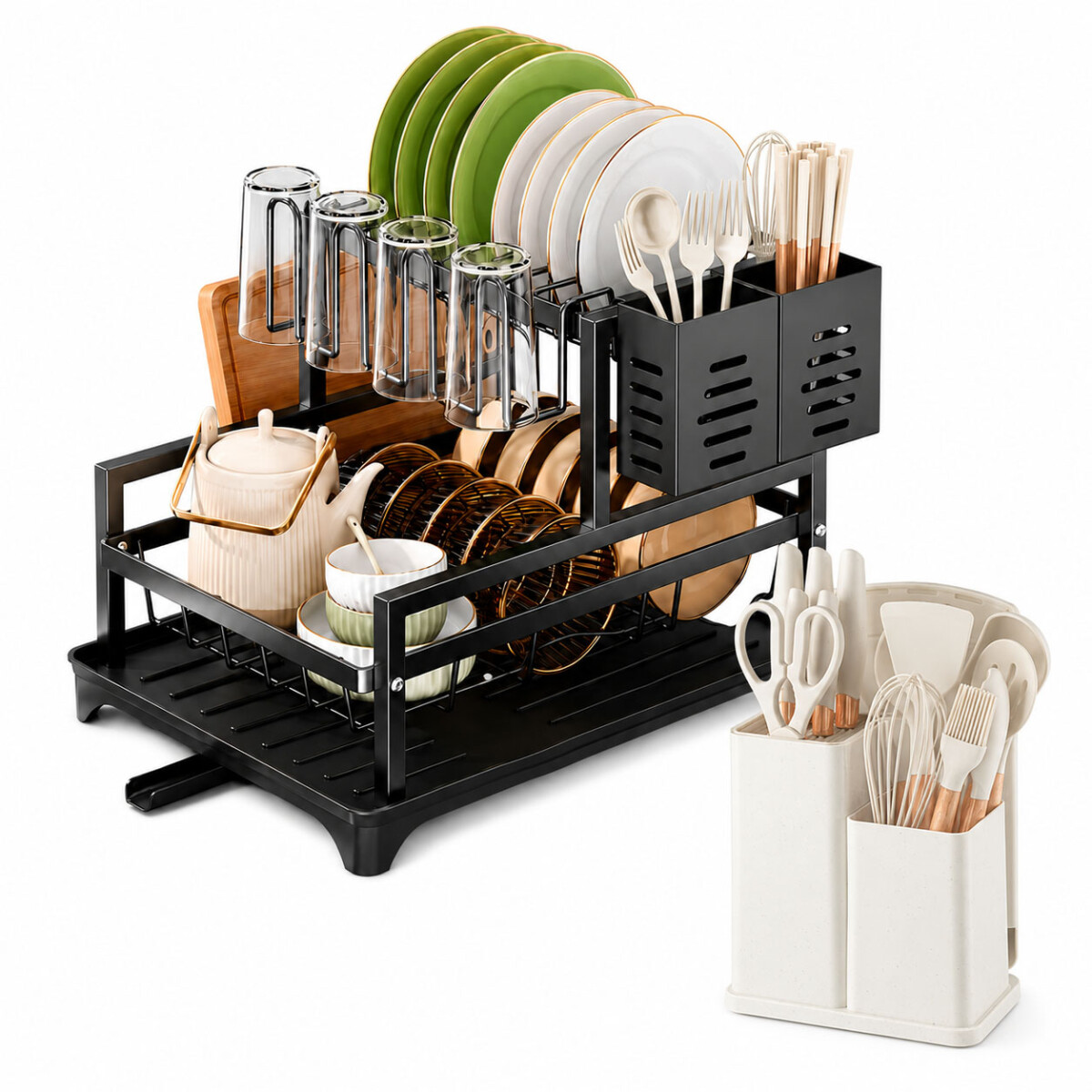 Set Utensilios Cocina 19Pz + Escurridor 2Niv Drenaje Autom - Beige 