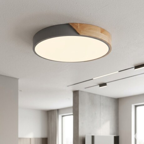 Plafón led circular de madera y aluminio gris mate Luz Cálida
