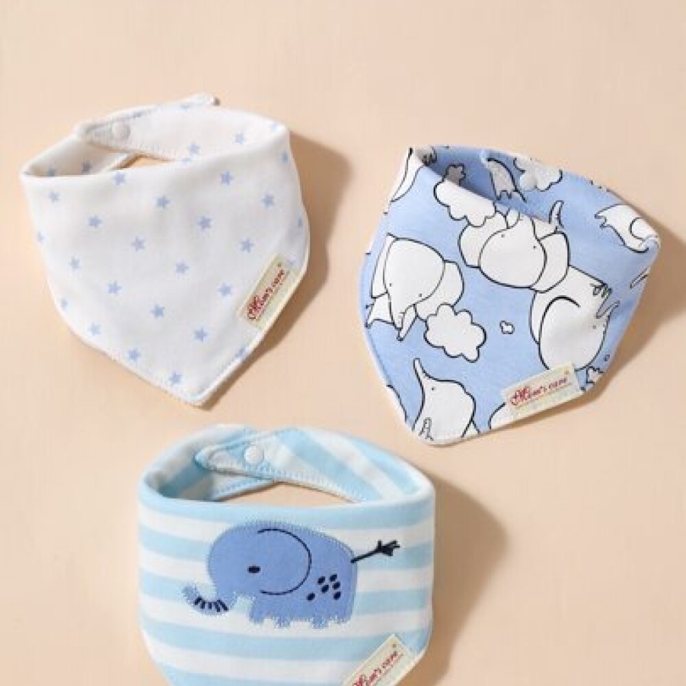 Set baberos bandana x3 elefante celeste rayas