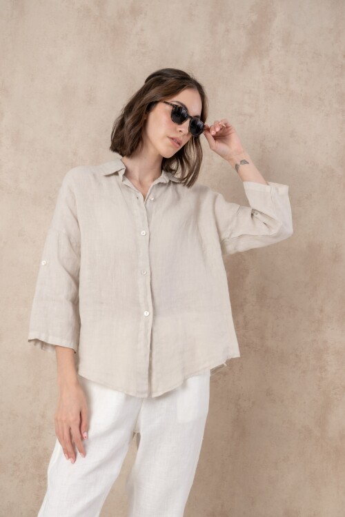 Camisa de lino lisa Beige