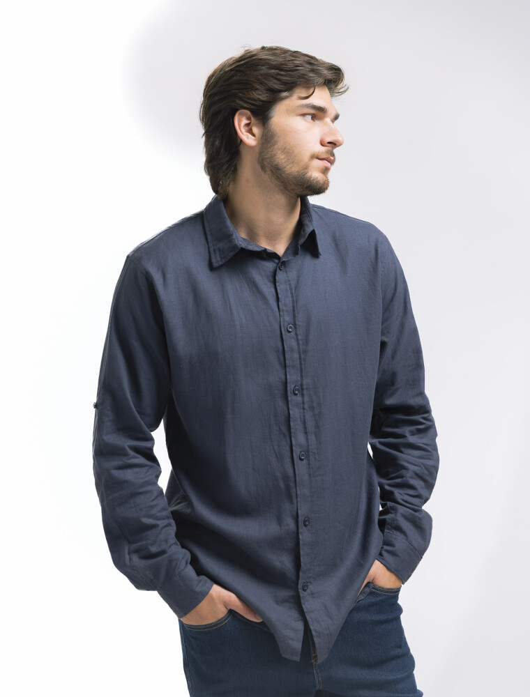 Camisa Lino Manga Larga Maui Marino