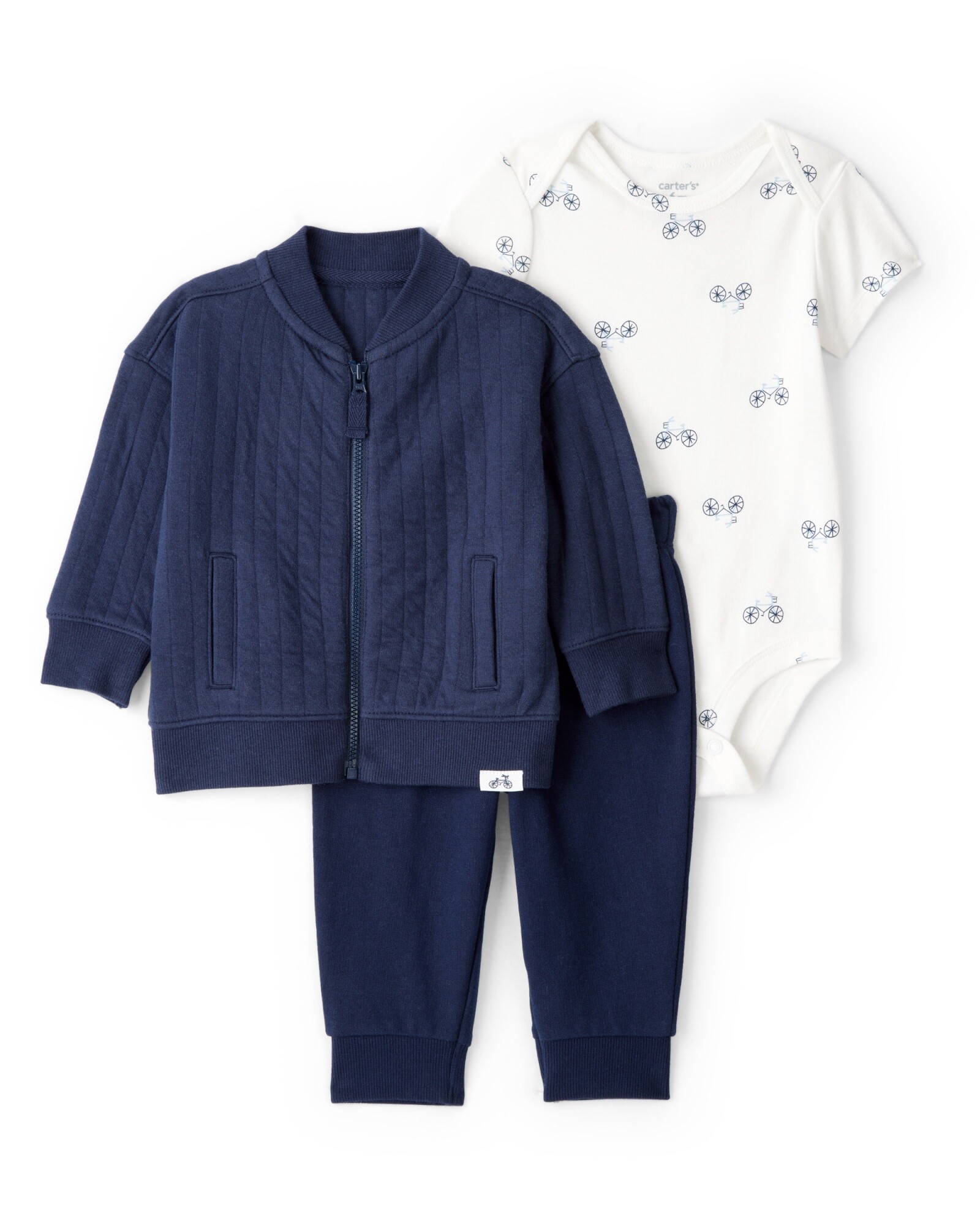 Set tres piezas de algodón, campera capitoneada, pantalón y body, diseño bicicletas Sin color