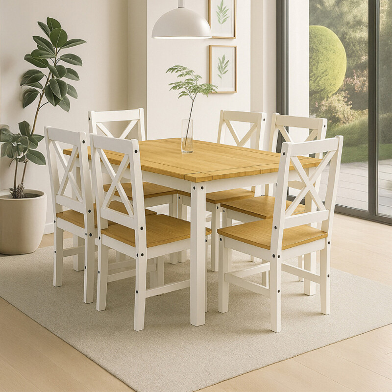 Juego De Comedor Mesa + 6 Sillas Ltc Alba 100% Madera - Blanco Juego De Comedor Mesa + 6 Sillas Ltc Alba 100% Madera - Blanco