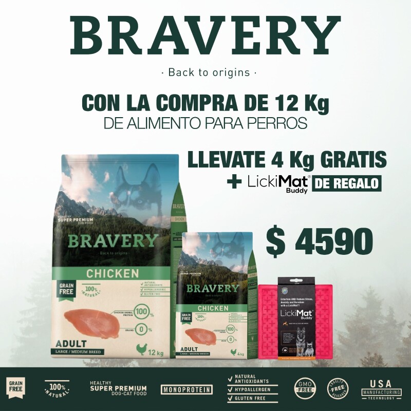 PROMO Bravery adulto razas medianas y grandes 12+4 kgs + LickiMat Buddy. PROMO Bravery adulto razas medianas y grandes 12+4 kgs + LickiMat Buddy.