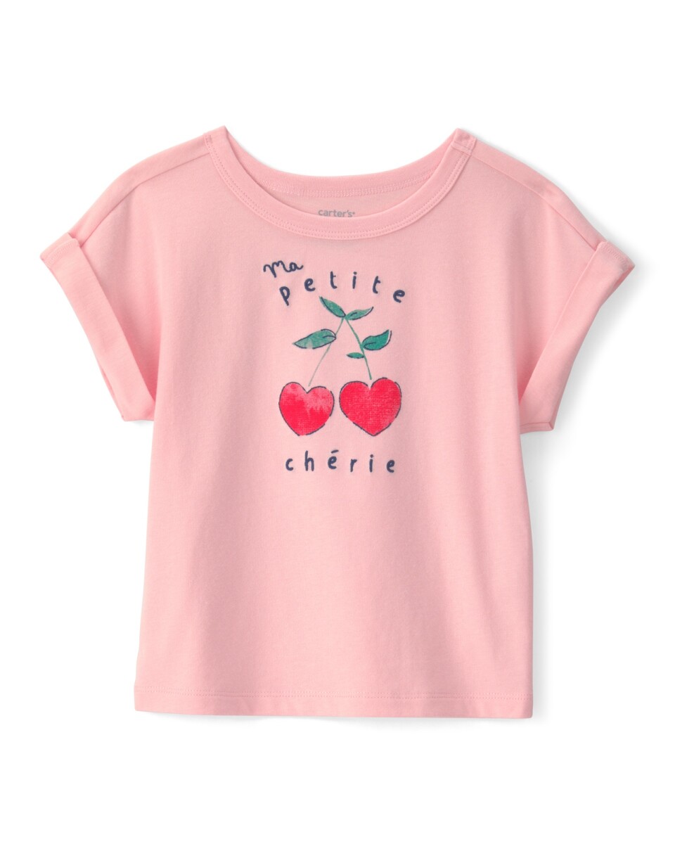 Remera de algodón, manga corta, rosada, estampa cerezas 