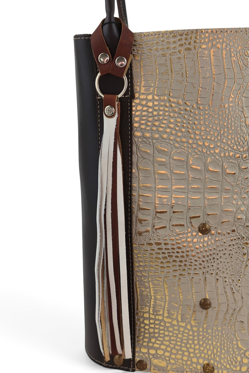 Matera de Cuero Combinado Grabado – Con Compartimento Interno Croco beige y dorado