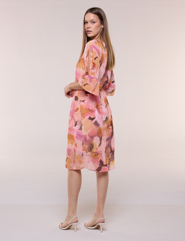 Vestido Corto De Gasa Floral Con Abertura En Brazo ROSA/MULTI