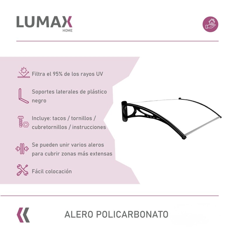 Alero Policarbonato Transparente Y Soporte Negro 1.2 X 1.0 M Blanco