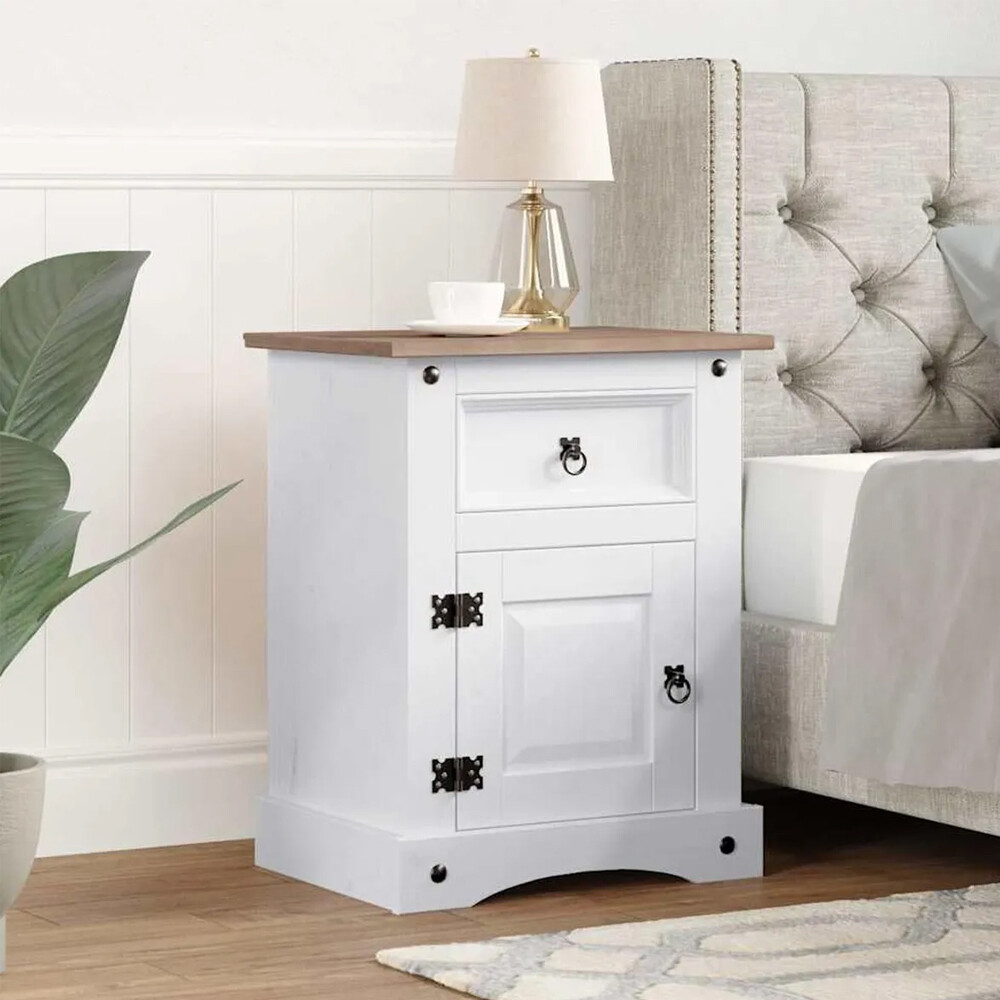 Mesa de luz 1 cajón 1 puerta - Madera maciza / Línea Mexicana blanco