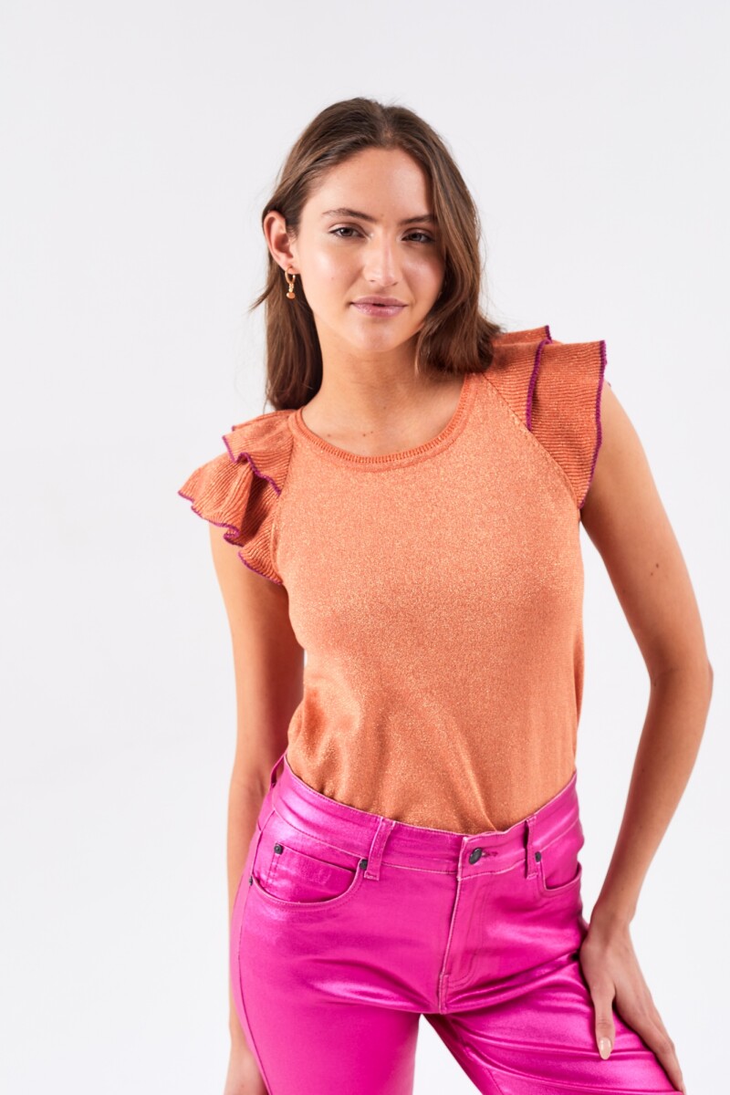 Top Metalizado Manga Volados Ocher