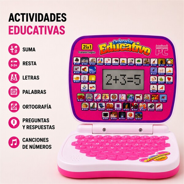 Mini Laptop Educativa Bilingüe con 52 Teclas Rosa 1