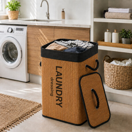Canasto Cesto Ropa Bambú Plegable Con Tapa Negro