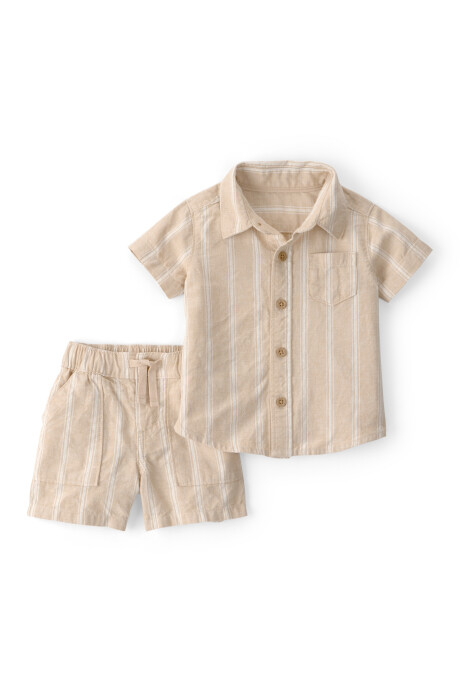 Set dos piezas de lino, short y camisa, beige, diseño a rayas Sin color