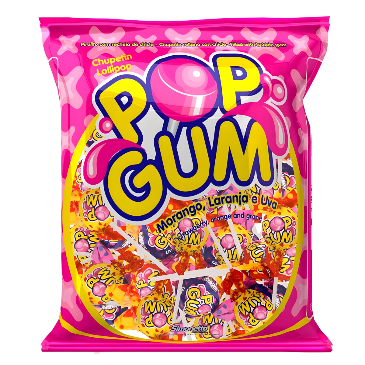 CHUPETÍN SIMONETTO RELLENO MASTICABLE 18 grs x24 Unidades - Pop Gum (Frutilla) 