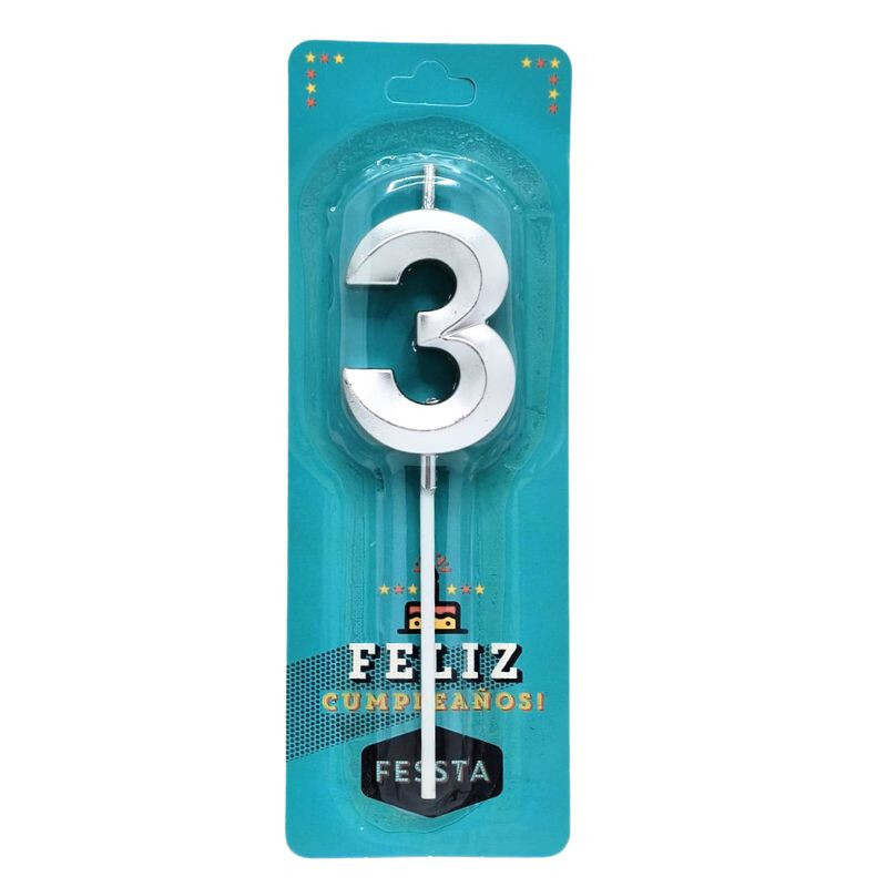 Vela Fessta Número 3D Chica Plateada TRES