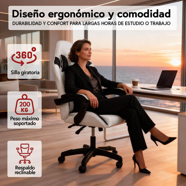 Silla Gamer Ergonomica Escritorio Reclinable Soporta 200kg Imback Blanco con Negro Silla Gamer Ergonomica Escritorio Reclinable Soporta 200kg Imback Blanco con Negro