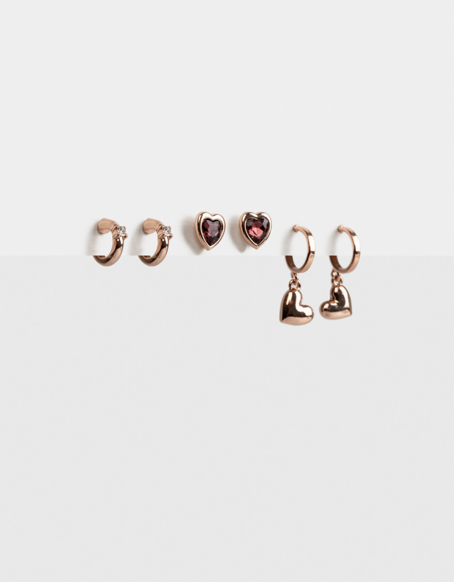 Set De Aros Corazón Bañado En Oro Rosa 