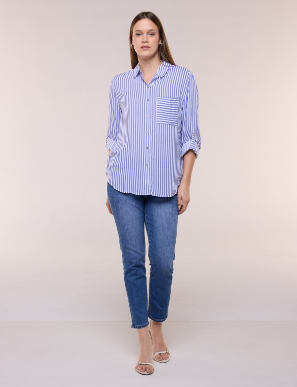 Camisa Clásica Rayada Con Mangas Arremangables AZUL